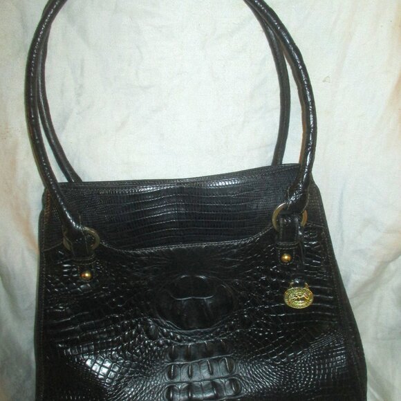 Vintage Brahmin Black Leather Croc Embossed Shoulder Bag Double Handles BLACK - Picture 1 of 4